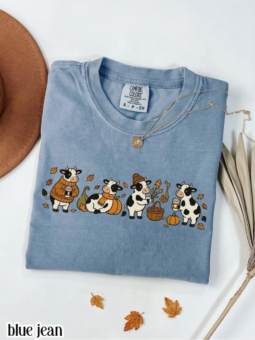 Comfort Colors Blue Jean Fall Cow Graphic Tee